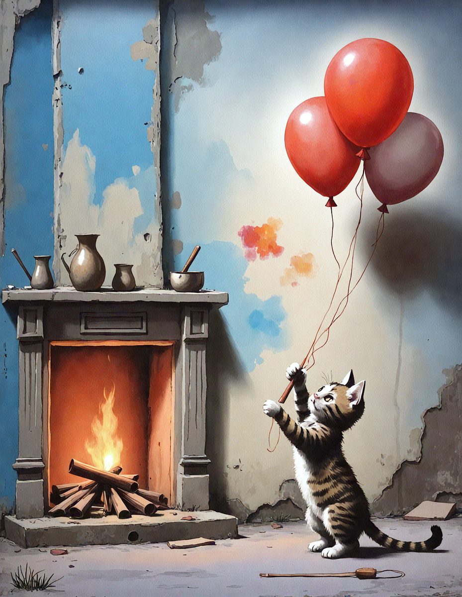 The primary subject of the image is a cat, which is the main focus of the scene. The cat is standing on a fireplace, holding onto a string that is attached to a balloon. The setting is indoors, with a fireplace and a wall visible in the background. The visual style of the image is a painting, which gives it a unique and artistic appearance. The dominant colors in the painting are red and orange, which create a warm and inviting atmosphere.